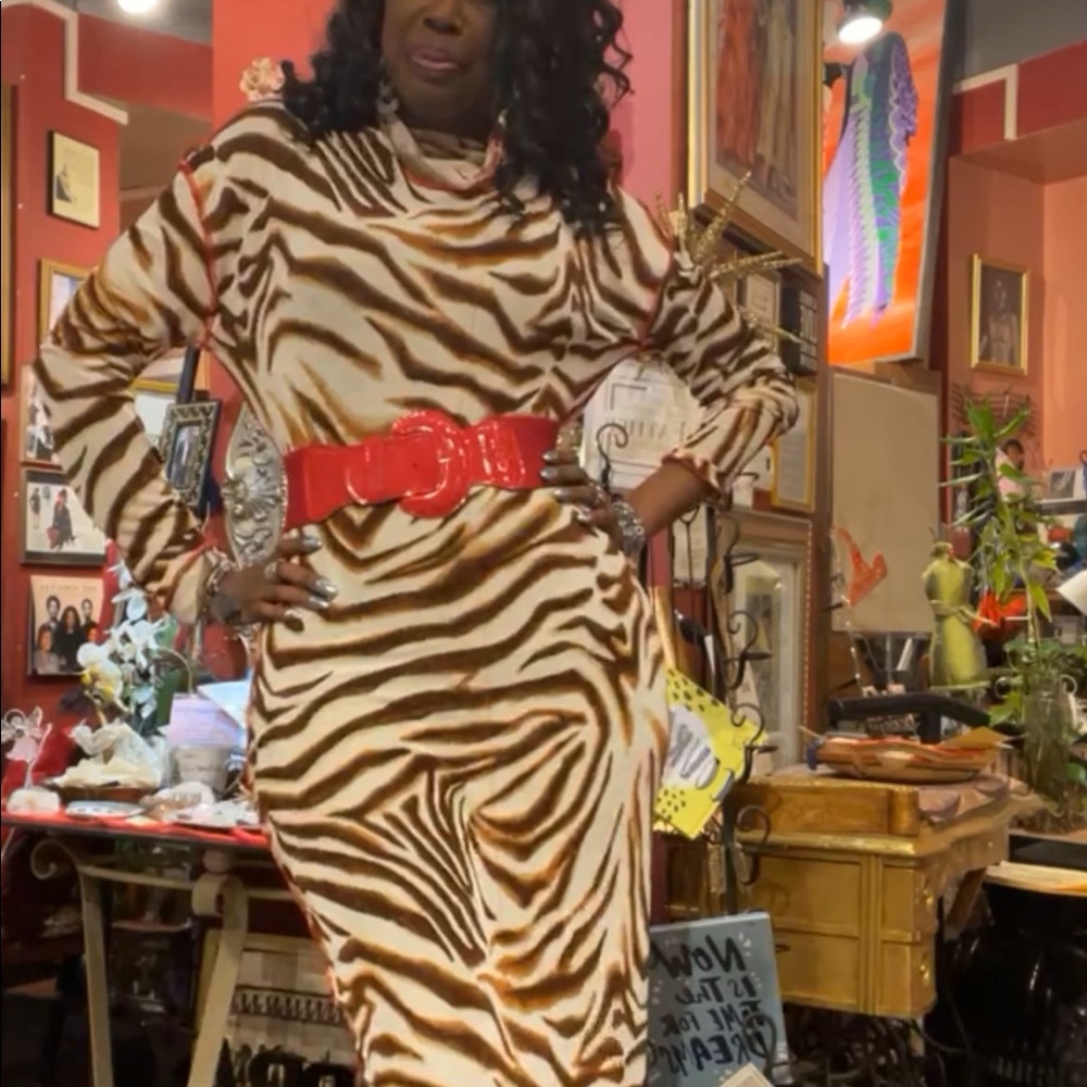 Brown and Cream Knit Jersey Straight Dress Stitched in Red Thread